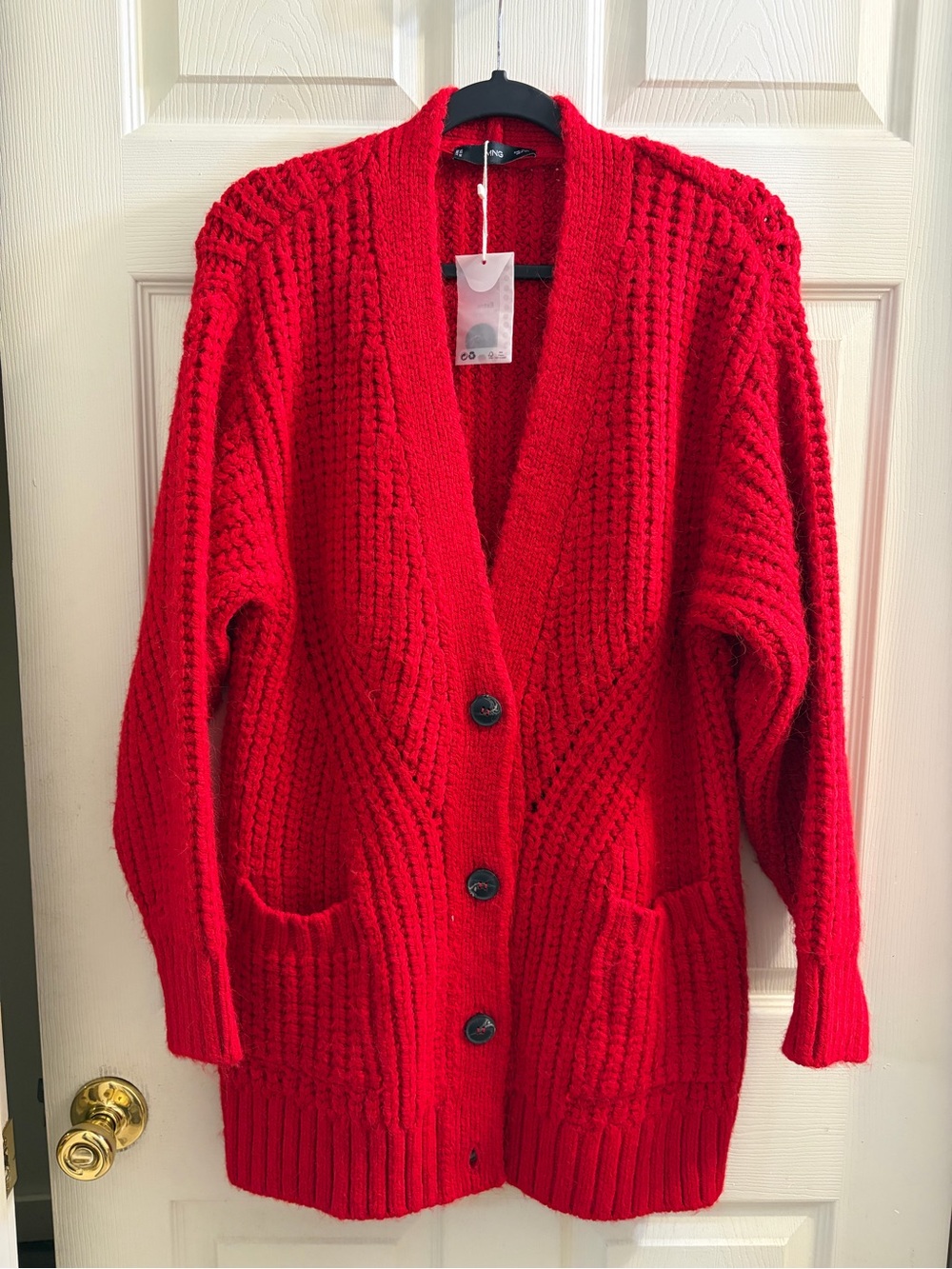 Mango Bright Red Chunky Knit Button-Up Cardigan